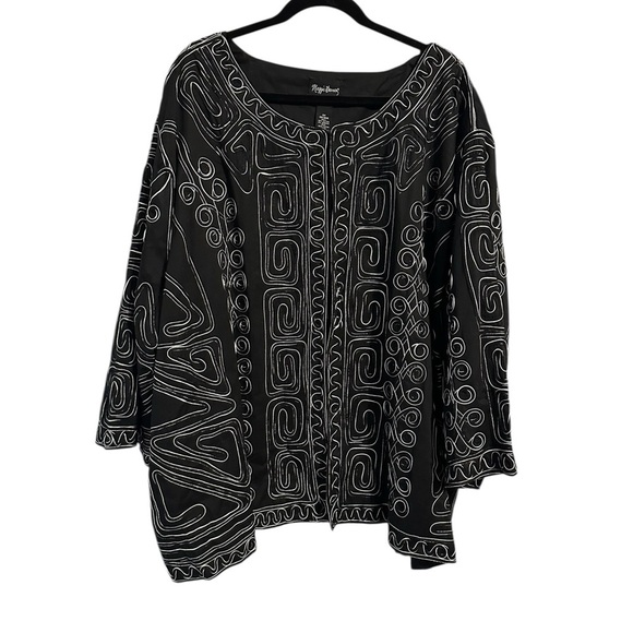 Maggie Barnes Black & White Embroidered Aztec Geometric Blazer SZ 5X Lagenlook - Picture 1 of 8